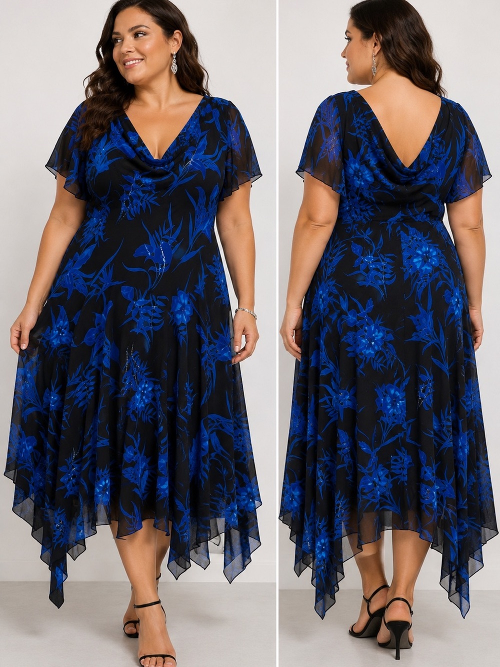 Roaman's, Cocktail,Party Dress 30W Blue Black Floral Sequin Handkerchief Hem NWT